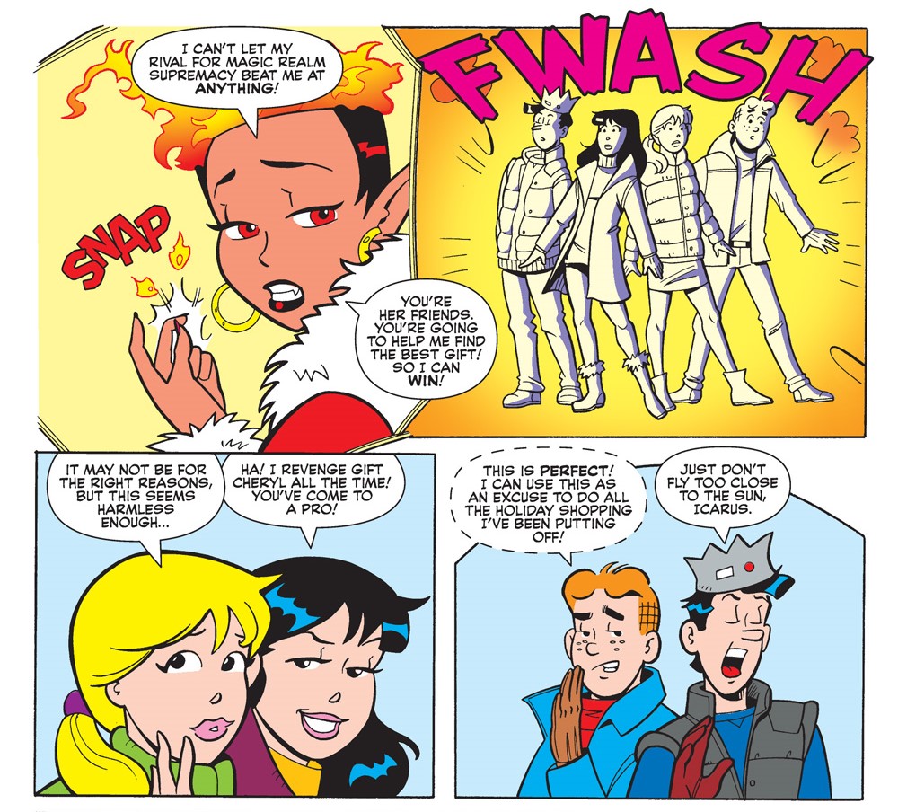 Story panel from ARCHIE CHRISTMAS SPECTACULAR. Amber nightstone Says she can't let her rival Sabrina the Teenage Witch beat her at anything, including gift-giving, so Jughead, Veronica, Betty, and Archie are going to have to help her. Betty says it seems harmless enough and Veronica says she's a pro at this because she revenge-gifts Cheryl Blossom all the time. Archie says it's a good excuse to do the holiday shopping he put off. Jughead says, "DOn't fly too close to the sun, Icarus."