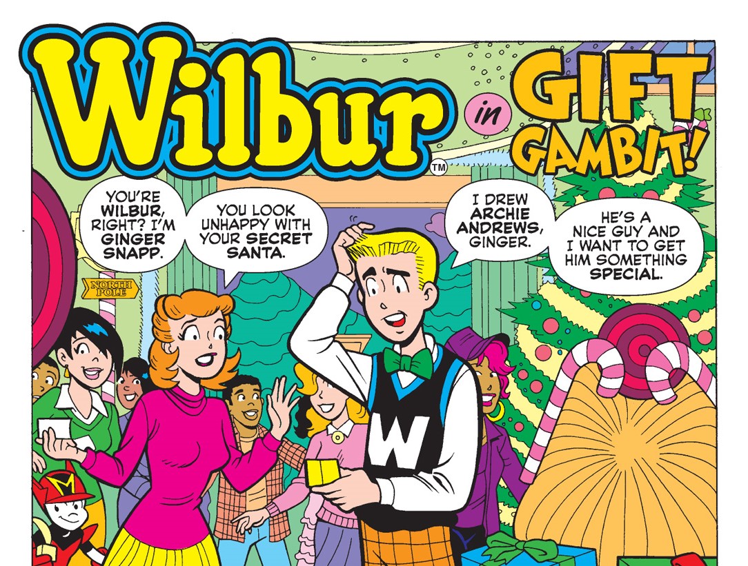 Story panel from ARCHIE DIGEST #356. Wilbur, a slender blonde teen boy wearing 1950s style cloths, meets Ginger Snapp, a slender redheaded teen girl, at a Christmas party. She says he looks unhappy with his Secret Santa. He says he drew Archie as his giftee and he wants to get him something special.