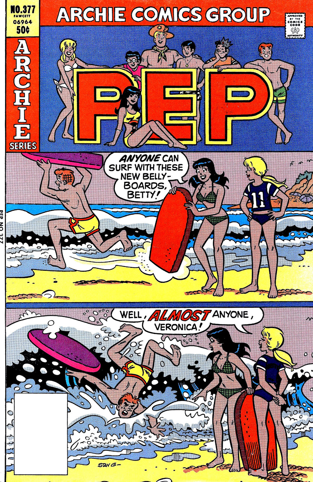 Cover of PEP #377. Veronica, Betty, and Archie are surfing on the beach. Veronica says anyone can surf with these new belly boards. In the next panel, Archie has already wiped out. Betty says, "Well, almost anyone."