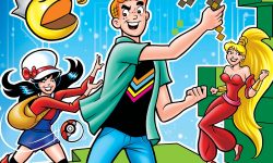Cover of ARCHIE & FRIENDS: LEVEL UP #1. Archie, Betty, and Veronica are video game characters inside a pixelated video game style fantasy world. A Pac-Man version of Jughead chomps stylized burgers, and various other popular video games are referenced with easter eggs, including Pokemon and Minecraft.