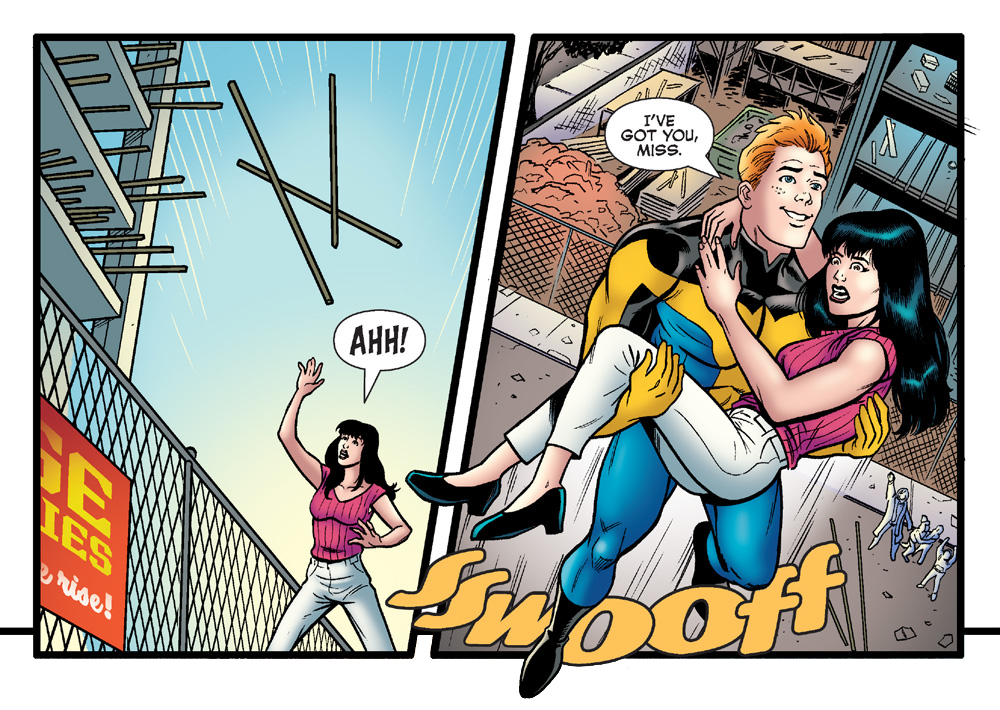 Panels from an Archie Comics story. Archie as the superhero Mr. Justice flies down from above to rescue Veronica from some falling rebar. He says, "I've got you, miss."