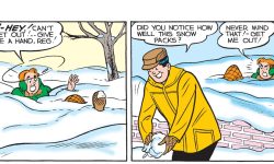 Panels from an Archie Comics story. Archie has fallen in the snow and asks Reggie to help him out. In the next panel, Reggie is packing a snowball and says, "Did you notice how well this snow packs?"