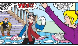 Panel from an Archie Comics story. Jughead holds a sock puppet with Archie sitting the background. Betty shouts, "Oh Juggy! Yes! Yes!! I'll go to the dance with you!"