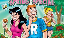 Cover of ARCHIE SHOWCASE DIGEST #23: ARCHIE'S SPRING SPECIAL. Archie, Betty, and Veronica are in a field of flowers and honeybees, sniffing the flowers and smiling.
