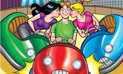 Archie, Betty, and Veronica are riding bumper cars at an amusement park. The girls bump into Archie's car at the same time to kiss him on each cheek, with hearts floating above them.