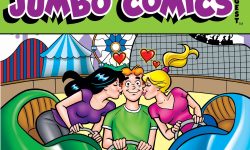 Cover of BETTY & VERONICA DIGEST #334. Archie, Betty, and Veronica are riding bumper cars at an amusement park. The girls bump into Archie's car at the same time to kiss him on each cheek, with hearts floating above them.