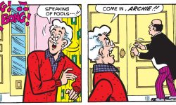 Panels from an Archie Comics story. The doorbell rings and Mr. Lodge says, "Speaking of fools . . . come in, Archie!"