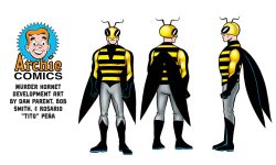 Development art for the supervillain Murder Hornet by Dan Parent, Bob Smith, and Tito Pena. It has three character turnarounds in different profile views. Murder Hornet is a man wearing gray tights, black boots and gloves, a black cape shaped like bee wings, and a tunic with yellow and black stripes. His helmet looks like a hornet's head.