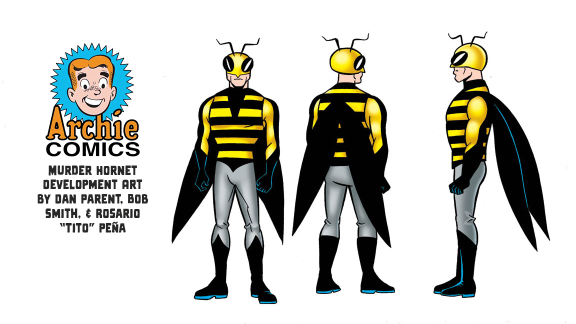 Development art for the supervillain Murder Hornet by Dan Parent, Bob Smith, and Tito Pena. It has three character turnarounds in different profile views. Murder Hornet is a man wearing gray tights, black boots and gloves, a black cape shaped like bee wings, and a tunic with yellow and black stripes. His helmet looks like a hornet's head.