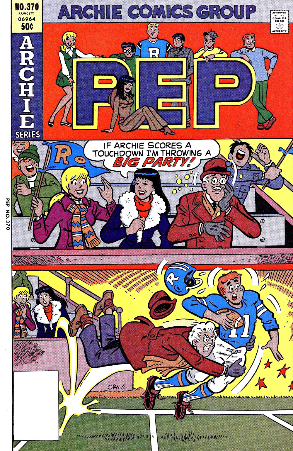 Cover of PEP COMICS #370. Betty, Veronica, and Mr. Lodge are in the stands of a football game and Veronica says she will be throwing a big party if Archie scores. Mr. Lodge looks distressed. In the next panel, Mr. Lodge tackles Archie to stop him from scoring.