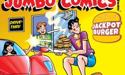 Cover of WORLD OF ARCHIE DIGEST #149. Veronica is at a burger drive-through while Archie, working at the window, hands her a tray of burgers she's ordered. Jughead swoops by on his skateboard to steal them.
