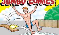 Cover of ARCHIE DIGEST #361. Archie bounces off a diving board into a swimming pool. Betty and Veronica are playing with a beach ball in the pool.