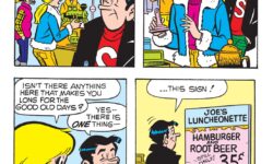 Panels from an Archie Comics story. Betty and Jughead are at a flea market looking at antiques, but Jughead isn't impressed by anything, until he sees a vintage Luncheonette sign advertising a hamburger and root beer for only 35 cents.