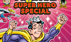 Cover of ARCHIE MILESTONES JUMBO COMICS DIGEST #29: JUGHEAD’S SUPERHERO SPECIAL. In his "Captain Hero" superhero costume, Jughead flies towards the right over a purple decorative background. Betty as Superteen, Archie as Pureheart, and Veronica as Miss Vanity fly by in the background.