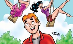 Betty and Veronica swing on swings in the background of a summer scene while Archie looks on smiling in the foreground.