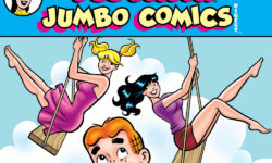 Cover of WORLD OF BETTY AND VERONICA DIGEST #39. Betty and Veronica swing on swings in the background of a summer scene while Archie looks on smiling in the foreground.