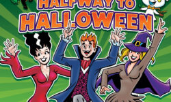 Cover of ARCHIE SHOWCASE DIGEST #24. Veronica, Archie, and Betty are leaping into the air while wearing Halloween costumes over a stylized green background. The text reads: Halfway to Halloween. The Spirits of Halloween Trick and Treat (an anthropomorphic pumpkin and ghost) hover over the cover type.