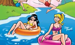Betty and Veronica, in bikinis, float down a river in inner tubes. Archie swings from a rope into the river, wearing swim trunks. Jughead watches the scene from the shore, relaxing under a tree.