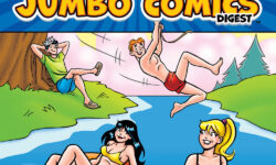 Cover of BETTY AND VERONICA DIGEST #335. Betty and Veronica, in bikinis, float down a river in inner tubes. Archie swings from a rope into the river, wearing swim trunks. Jughead watches the scene from the shore, relaxing under a tree.