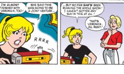 Panels from an Archie Comics story. Betty is working at a sewing machine, saying the's angry at Veronica for starting a joint venture with her, and then running the whole show. Betty's mom says that sounds like Veronica.