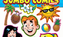 Cover of ARCHIE DIGEST #362. Headshots of Archie, Betty, and Veronica float on a white background with floating icons of summer, including a palm tree, a sun with sunglasses, a surfboard, and a pineapple.