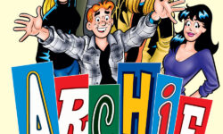 Cover A of ARCHIE MEETS JAY AND SILENT BOB. Archie, Betty, Veronica, Jay, and Silent Bob are looking up and out at the viewer, arranged similarly to how the characters are arranged on the movie poster for the film Clerks.