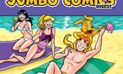 Cover of WORLD OF ARCHIE DIGEST #152. Veronica, Betty, and Archie are lying on the beach in swimsuits eating ice cream cones. Archie's dog Vegas is trying to steal his.