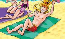 Veronica, Betty, and Archie are lying on the beach in swimsuits eating ice cream cones. Archie's dog Vegas is trying to steal his.