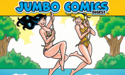 Cover of WORLD OF BETTY AND VERONICA DIGEST #40. Betty and Veronica, in swim suits, are swinging on a rope swing over a lake. Archie, Jughead, and Jughead's dog Hot Dog are swimming.