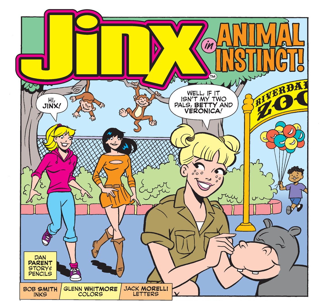Panel from an Archie Comics story. Jinx Holliday, a slender blonde white teenage girl with pigtails, is wearing a safari suit and tending to a baby hippo outside the Riverdale zoo. Betty and Veronica walk up to her, saying hello.