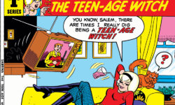 Cover of SABRINA THE TEENAGE WITCH #1: FACSIMILE EDITION. Sabrina lounges on a yellow couch at home, zapping her homework done with magic, while she watches Archie singing and playing guitar on a TV that she's causing to float in front of her. Her orange cat, Salem sits on the back of the couch behind her. Sabrina says, "You know, Salem, there are times I really dig being a teen-age witch!"