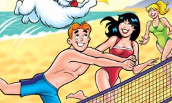 Archie, Betty, and Veronica are on the beach in swimsuits, playing volleyball. Jughead's dog Hot Dog is spiking the ball over the net.
