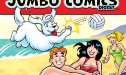 Cover of ARCHIE JUMBO DIGEST #363. Archie, Betty, and Veronica are on the beach in swimsuits, playing volleyball. Jughead's dog Hot Dog is spiking the ball over the net.