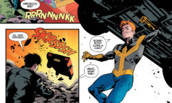 Panels from an Archie Comics story. Veronica is in Reggie's car, which is about to fall off a cliff. Reggie tries fruitlessly to stop it, as she screams to him for help. In the next panel, the car falls. In the final panel, Archie, as the superhero Mr. Justice, holds Reggie's car aloft. As Archie saves the day he says, "Somebody lose a car?"