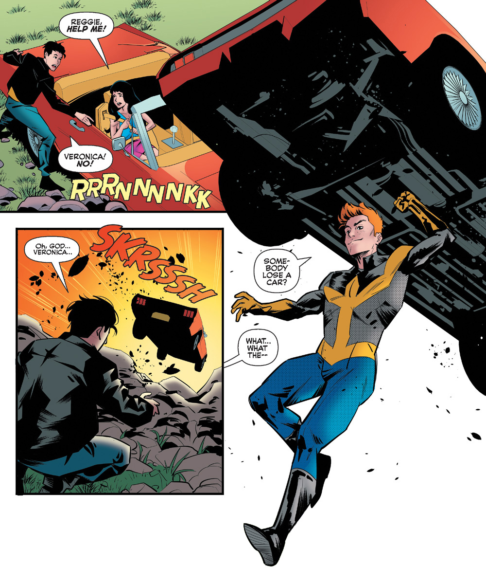 Panels from an Archie Comics story. Veronica is in Reggie's car, which is about to fall off a cliff. Reggie tries fruitlessly to stop it, as she screams to him for help. In the next panel, the car falls. In the final panel, Archie, as the superhero Mr. Justice, holds Reggie's car aloft. As Archie saves the day he says, "Somebody lose a car?"