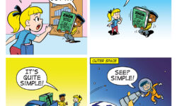 A BITE-SIZED ARCHIE comic strip. Betty asks Chuck if he needs help carying an oversized book called ZHOR ARTIST'S EDITION. She asks how he can read something that big, and he says it's simple. in the last panel they're both in outer space looking down on the book with a telescope.