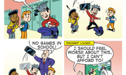 A BITE-SIZED ARCHIE comic strip. Jughead shows Chuck and Archie his new portable game system, the Pretendo Stitch 2. Principal Weatherbee confiscates it, and in the last panel we see him playing it with Mrs. Grundy in the teacher's lounge.