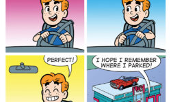 A BITE-SIZED ARCHIE comic strip. Archie is parking a car, and in the last panel we see he parked on top of Pop's Chocklit Shoppe. He says he hopes he remembers where he parked.