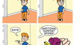 A BITE-SIZED ARCHIE comic strip. Archie is looking for things he needs to leave the house: phone, wallet, keys, and emotional support spider.