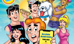Cover of BETTY AND VERONICA SUMMER FUN IN THE SUN #1. Archie looks out at the reader holding up his smart phone which reads: Archie Andrews You Are a Winner. Veronica, Betty, Reggie, Toni Topaz, Jughead, and Jughead's dog Hot Dog stand or float behind him in a stylized design. They're all wearing beach wear and Jughead is eating a hot dog. The cover type reads: The Official Comic Book of Summer.