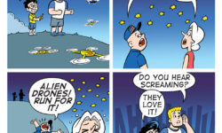 A BITE SIZED ARCHIE comic strip, in which Moose and Dilton fly some drones, scaring the adults in town.