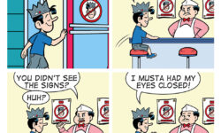 A BITE SIZED ARCHIE comic strip, in which Jughead walks into Pop's despite a bunch of "No Jughead" signs he's put up.