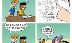 A BITE SIZED ARCHIE comic strip, in which Chuck draws a comic with a villain inspired by Reggie.