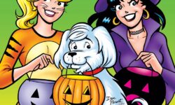 Betty, in a tiger costume, and Veronica, in a witch costume, hold their jack-o-lantern trick-or-treat pails. They're standing behind Jughead's dog, Hot Dog, who's holding his own pail in his mouth.