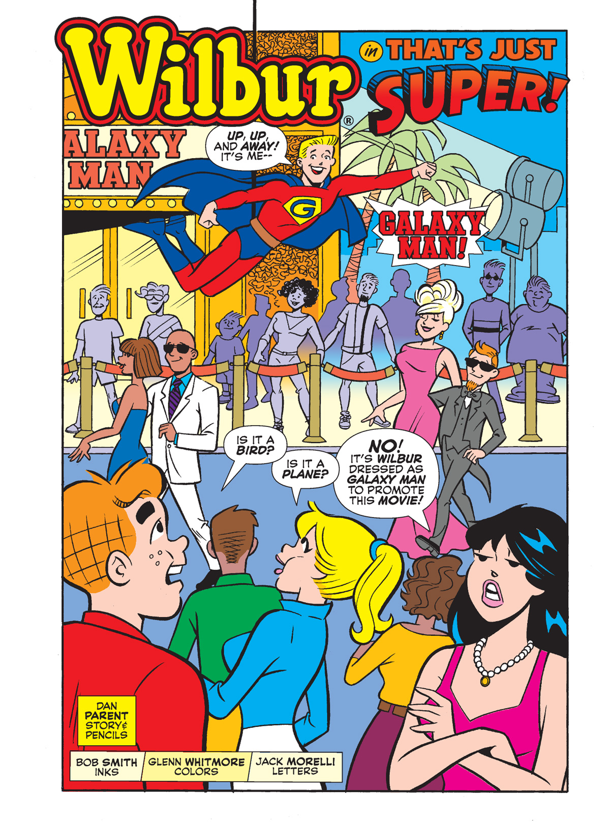 Interior story page from BETTY & VERONICA DIGEST #335 featuring Wilbur Wilkin as a superhero named Galaxyman, and various other heroes.