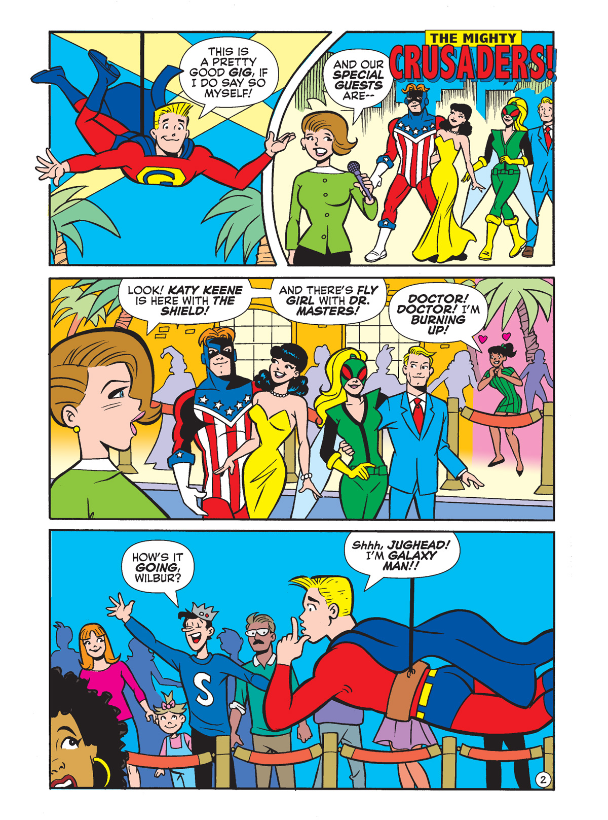 Interior story page from BETTY & VERONICA DIGEST #335 featuring Wilbur Wilkin as a superhero named Galaxyman, and various other heroes.