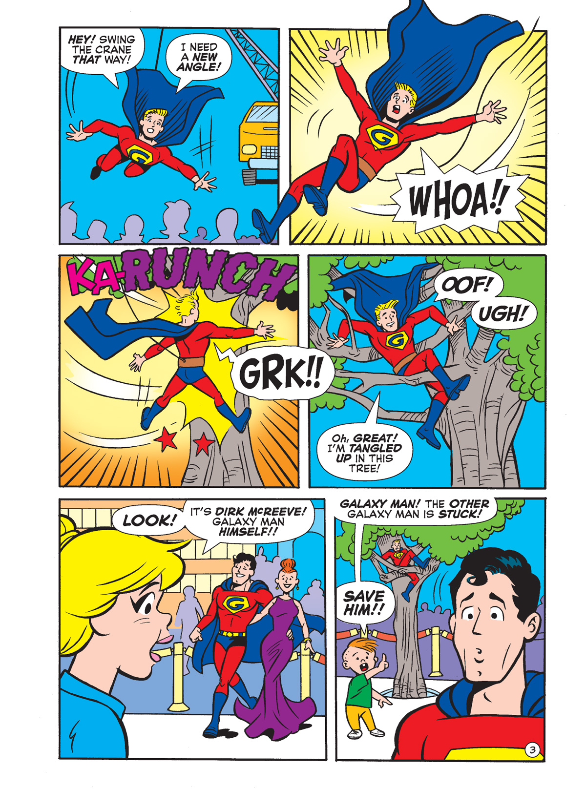 Interior story page from BETTY & VERONICA DIGEST #335 featuring Wilbur Wilkin as a superhero named Galaxyman, and various other heroes.