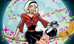 Cover of SABRINA THE TEENAGE WITCH: MAGIC UNLEASHED #1. Sabrina and her cat familiar Salem are sitting on a magic broom, floating above a town scene in shadow in front of a huge full moon. They're surrounded by pink and yellow magical sparkles. Sabrina pets Salem's head.