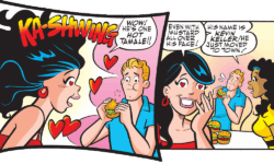 Panels from an Archie Comics story. Veronica sees Kevin Keller for the first time and hearts float around her. She says, "Wow! He's one hot tamale!" Kevin is eating a pile of hamburgers. In the next panel she says to Valerie, "Even with mustard all over his face!" Valerie tells her his name and that he just moved to town.
