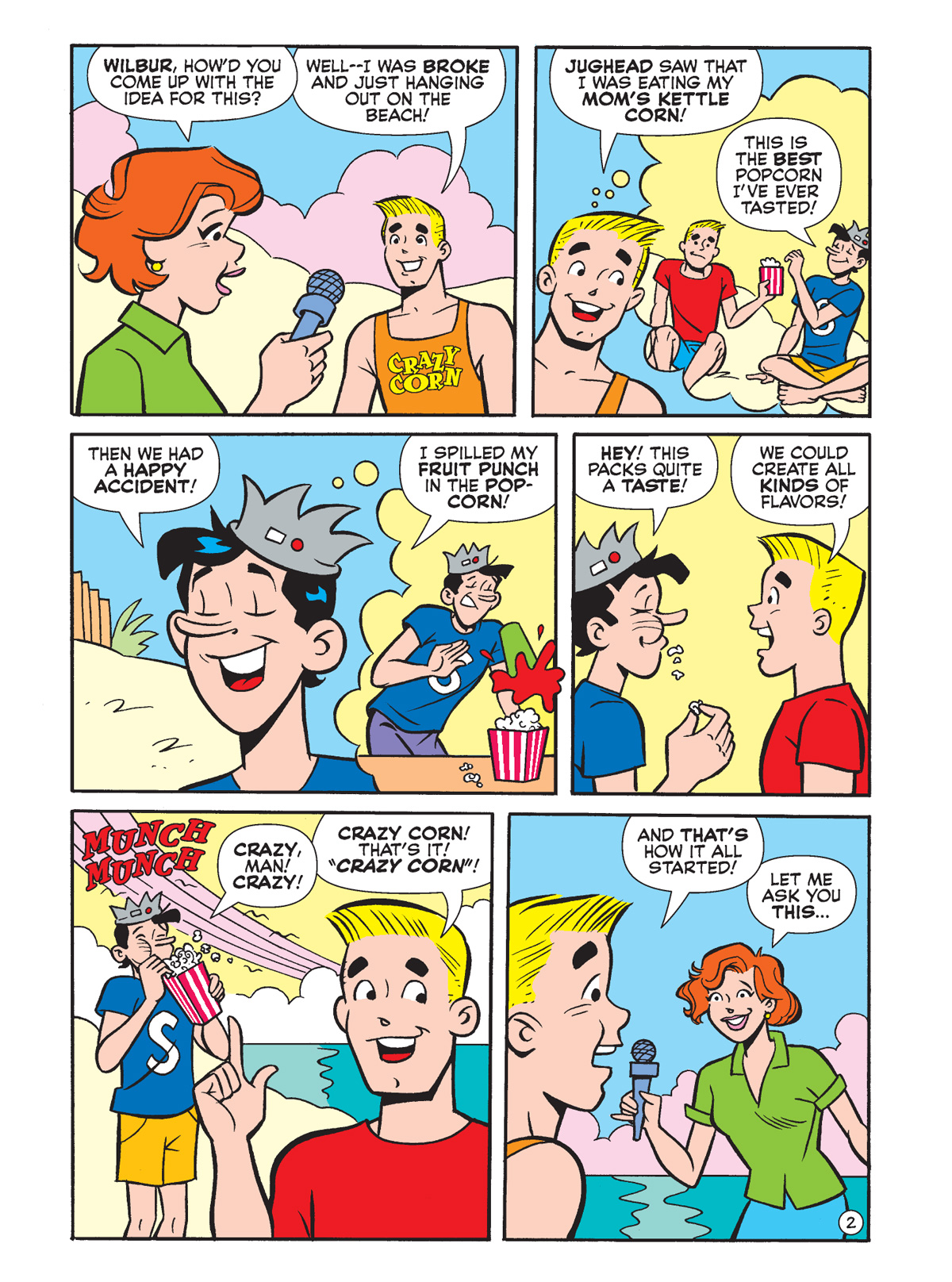 Interior story page from WORLD OF ARCHIE DIGEST #151, in which Wilbur Wilkin and Jughead start a popcorn business on the beach. Things go haywire when the hot sun starts popping the kernels.